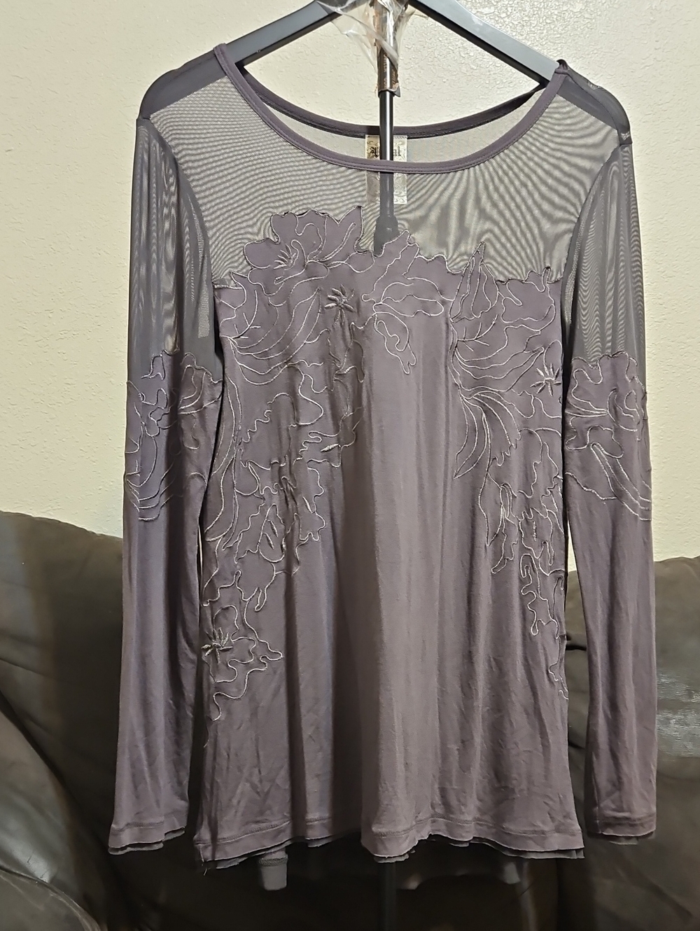 Women's Long Sleeve Embroidered Mesh Yoke Top - Gray